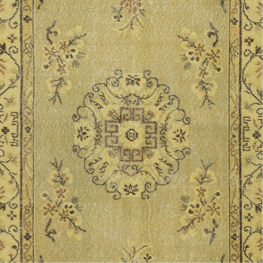 One of a pair Handmade Yellow Color Turkish Wool Rug with Art Deco Design