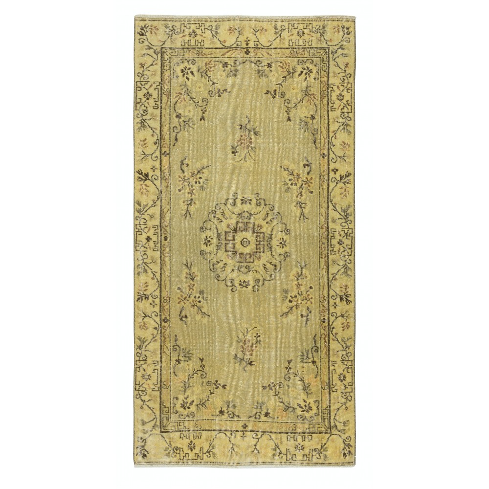 One of a pair Handmade Yellow Color Turkish Wool Rug with Art Deco Design