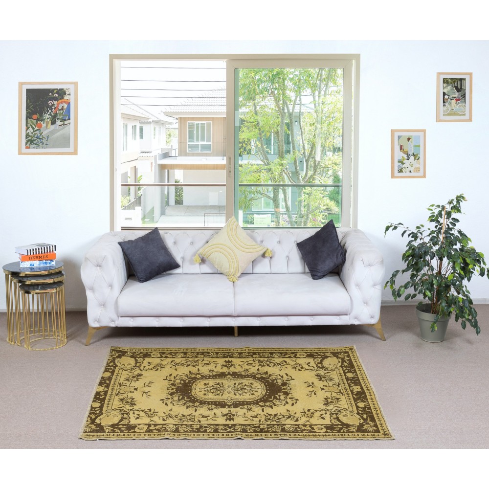 Overdyed Yellow Turkish Wool Rug, Modern Handmade Floor Covering