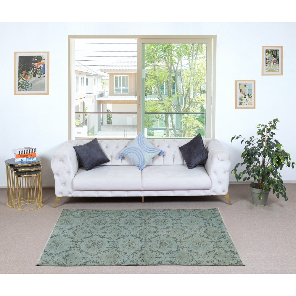 Light Blue Color Over-Dyed Small Rug. Modern Handmade Turkish Accent Rug with Floral Design