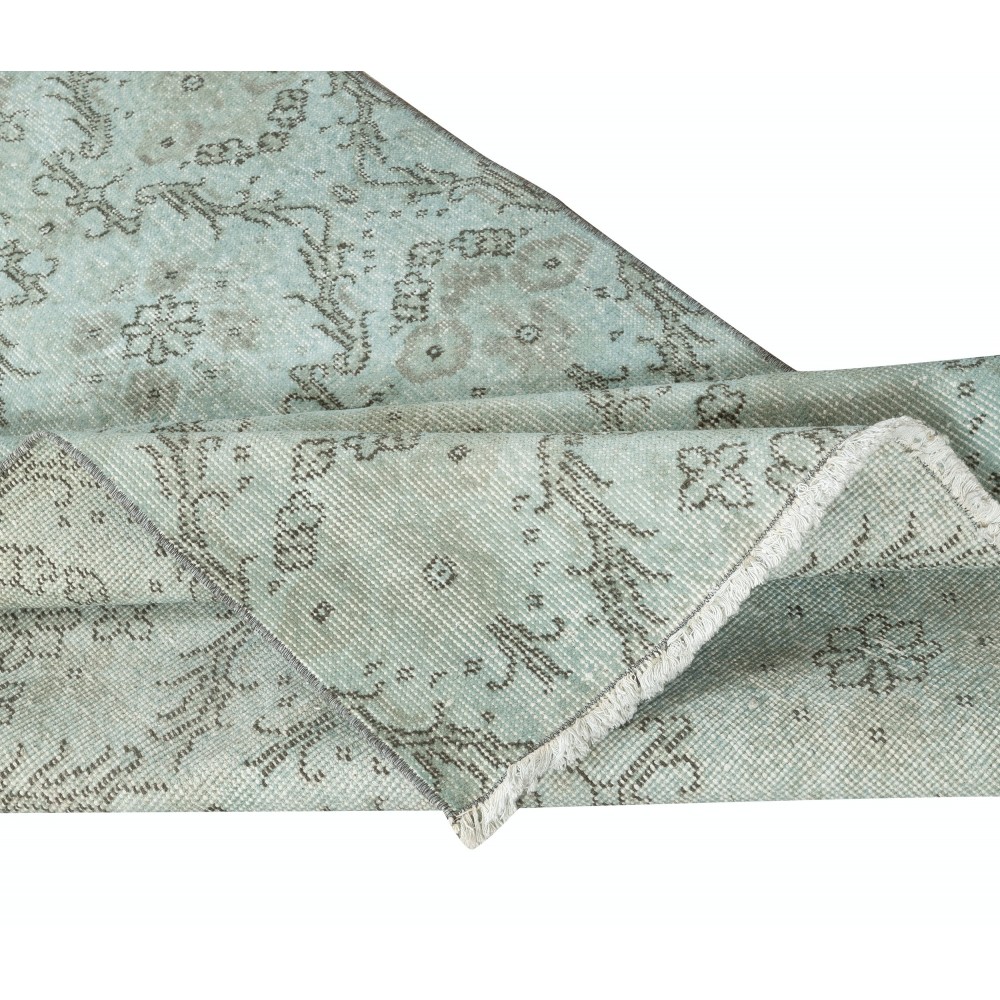 Light Blue Color Over-Dyed Small Rug. Modern Handmade Turkish Accent Rug with Floral Design