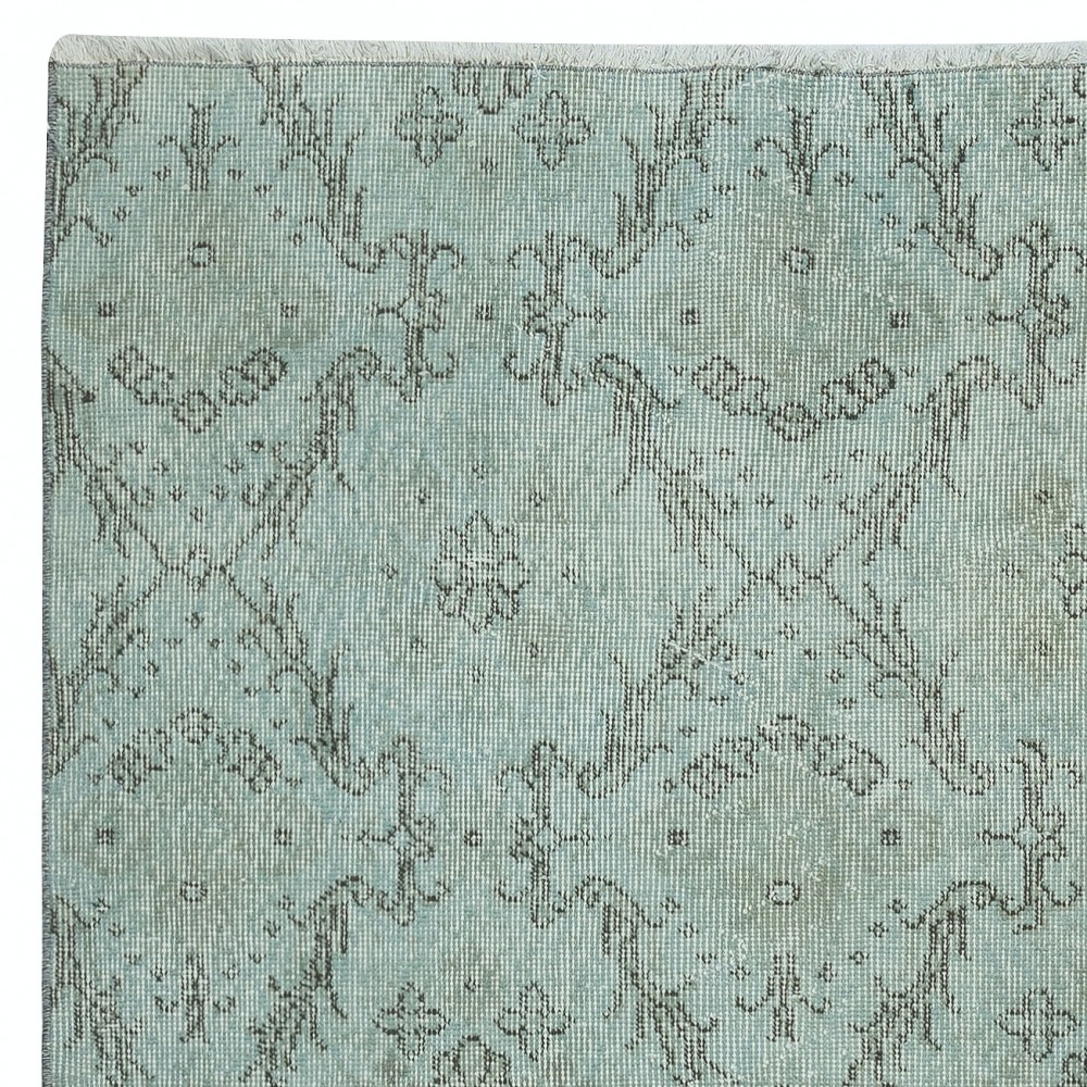 Light Blue Color Over-Dyed Small Rug. Modern Handmade Turkish Accent Rug with Floral Design