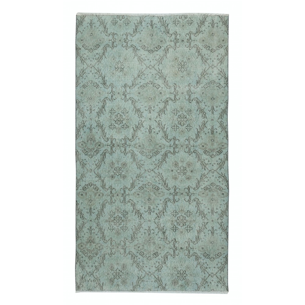 Light Blue Color Over-Dyed Small Rug. Modern Handmade Turkish Accent Rug with Floral Design