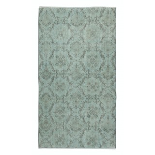 Light Blue Color Over-Dyed Small Rug. Modern Handmade Turkish Accent Rug with Floral Design