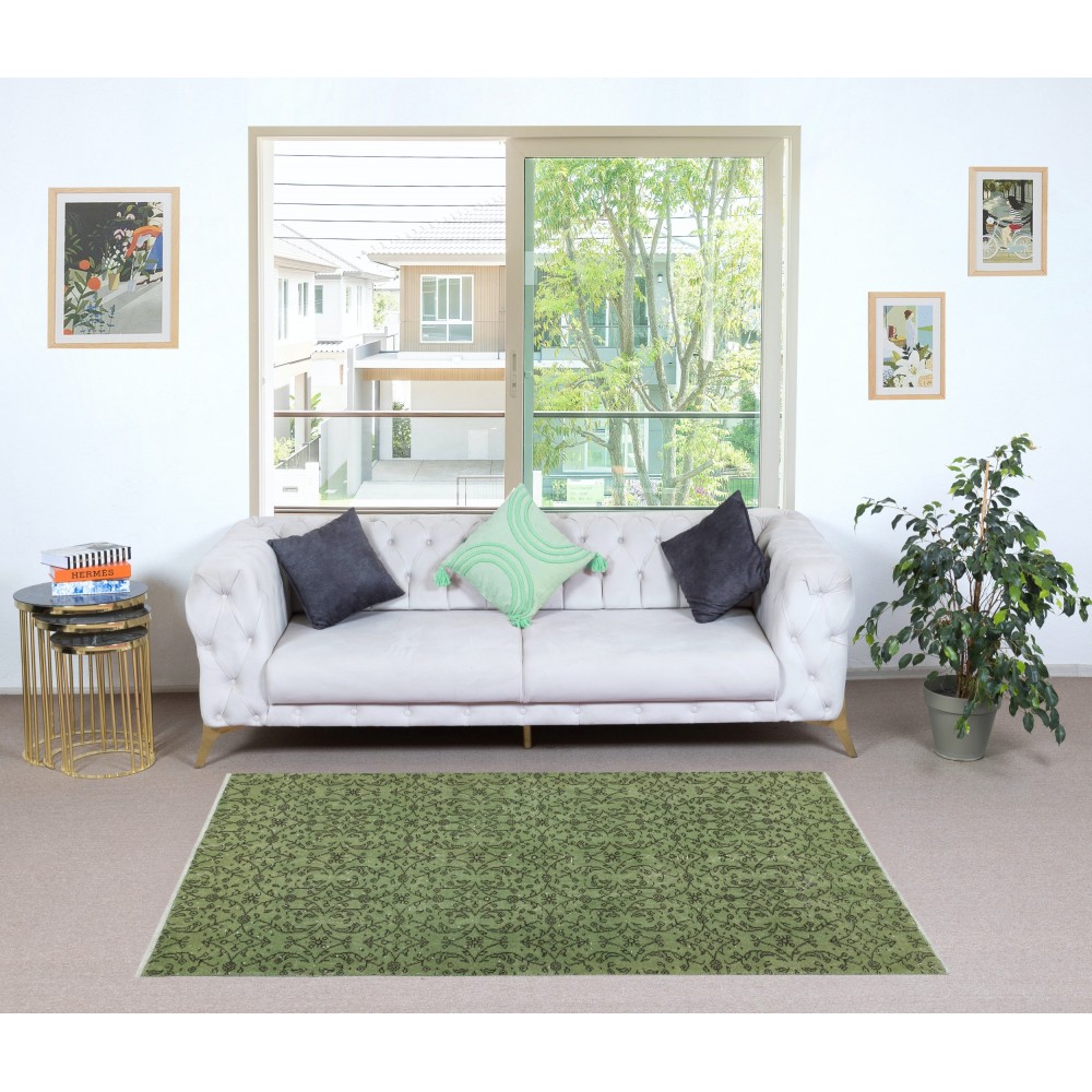 Green Color Modern Accent Rug with Floral Design, Hand-woven and Hand-knotted in Turkey