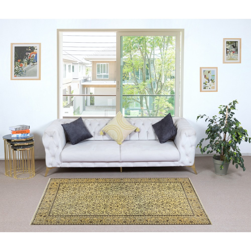 Modern Handmade Turkish Wool Area Rug in Yellow with Floral Design