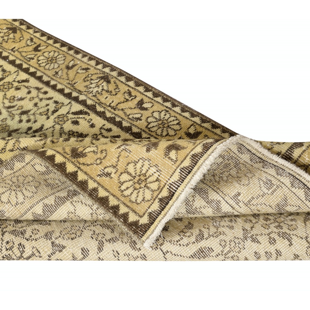 Modern Handmade Turkish Wool Area Rug in Yellow with Floral Design