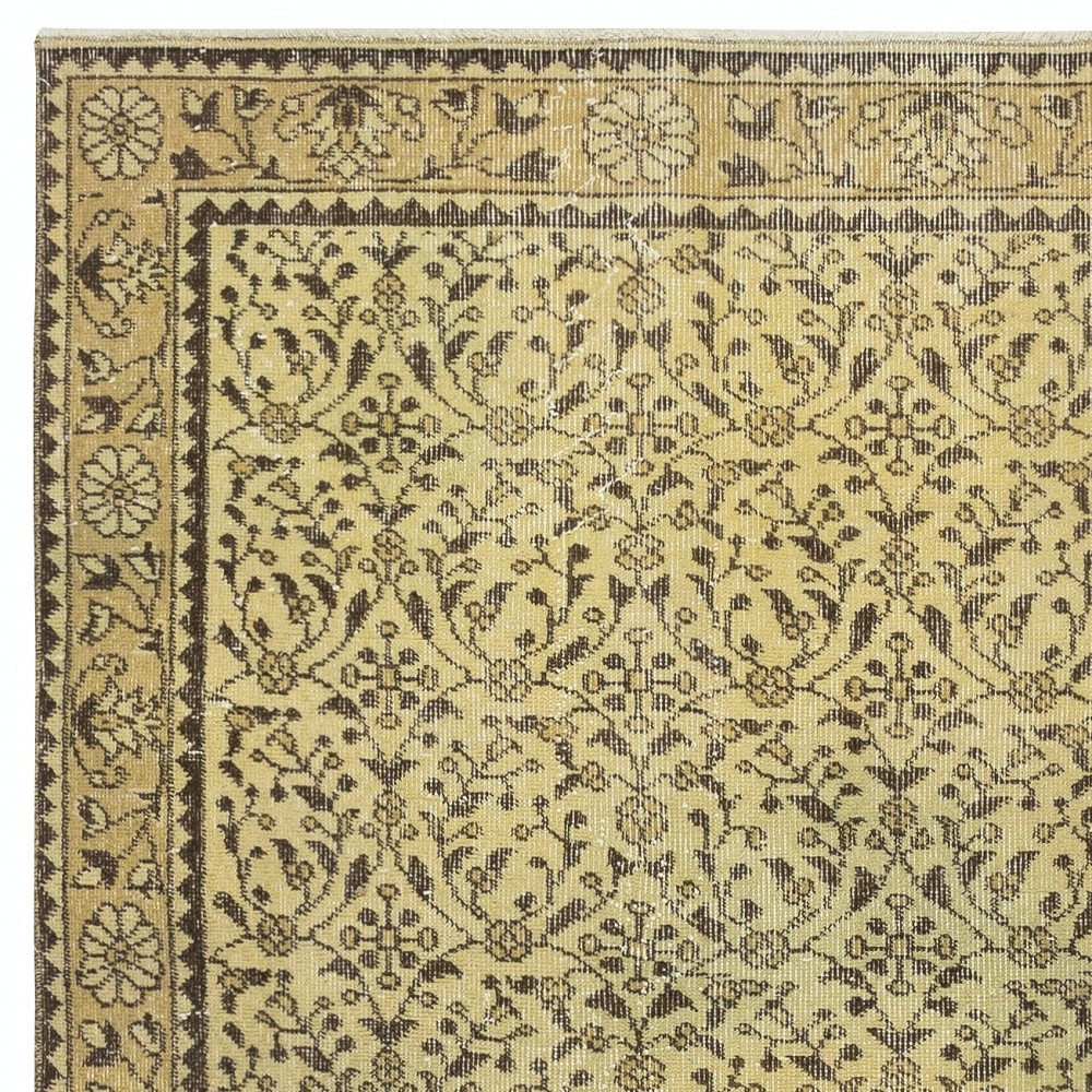 Modern Handmade Turkish Wool Area Rug in Yellow with Floral Design