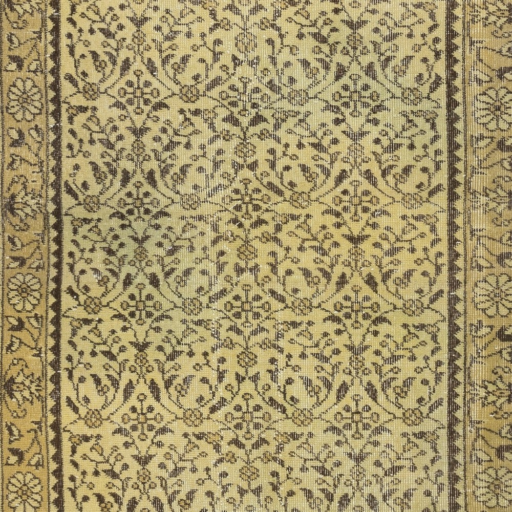 Modern Handmade Turkish Wool Area Rug in Yellow with Floral Design