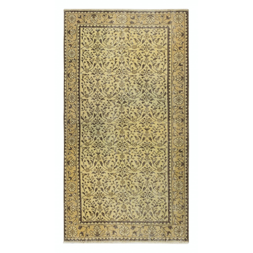 Modern Handmade Turkish Wool Area Rug in Yellow with Floral Design