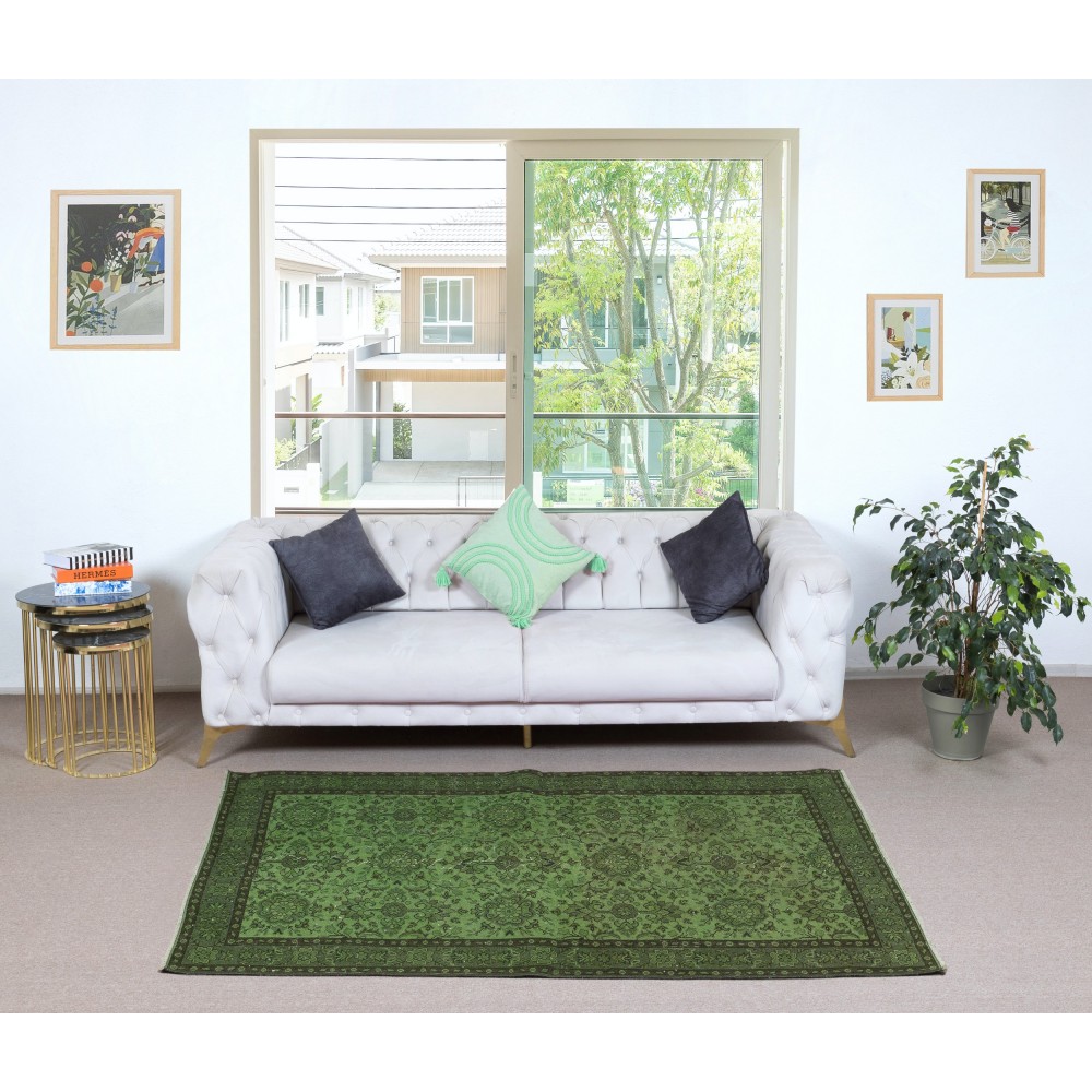 Green Color Over-Dyed Rug. Modern Handmade Turkish Accent Rug. Bohemian Home Decor