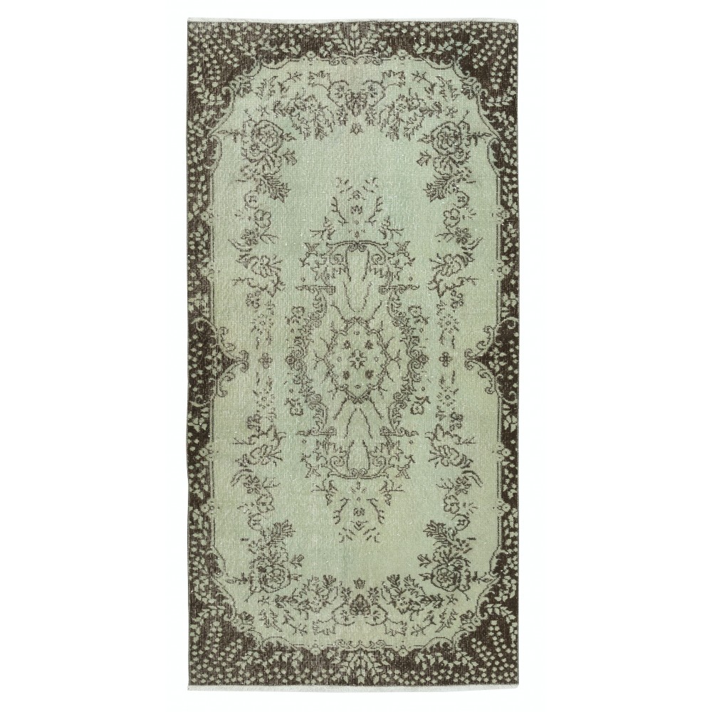 Handmade Low Pile Accent Rug. Light Green Color Hand Knotted Turkish Rug