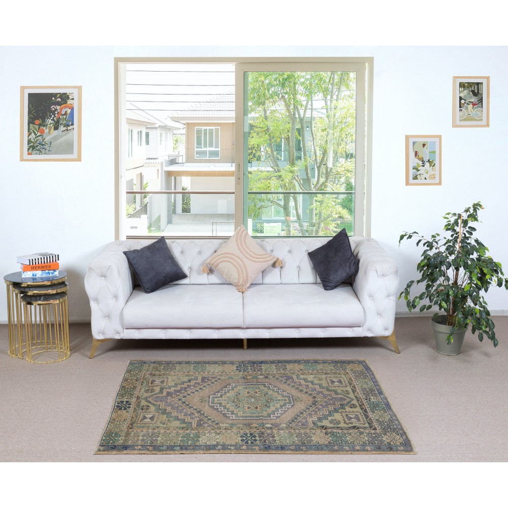 Traditional Vintage Handmade Turkish Village Rug with Geometric Medallion Design, 100% Wool