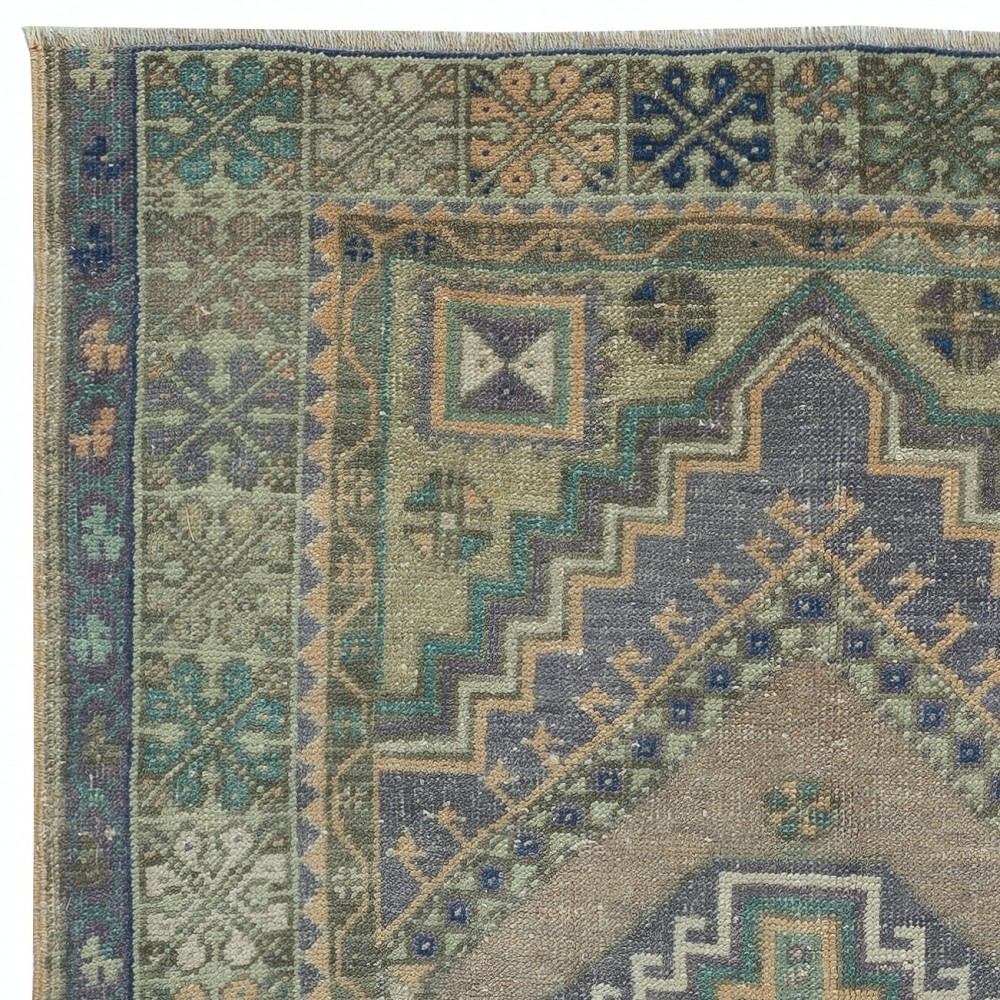Traditional Vintage Handmade Turkish Village Rug with Geometric Medallion Design, 100% Wool