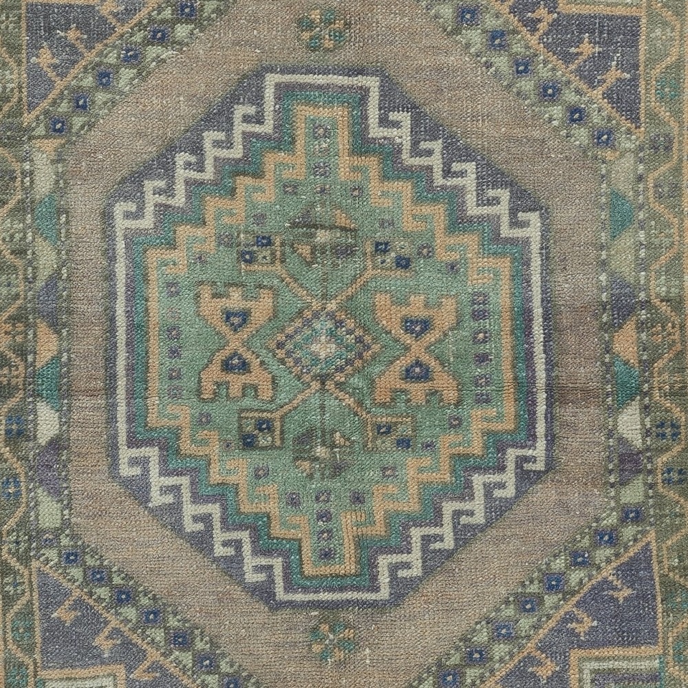 Traditional Vintage Handmade Turkish Village Rug with Geometric Medallion Design, 100% Wool