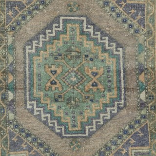 Traditional Vintage Handmade Turkish Village Rug with Geometric Medallion Design, 100% Wool