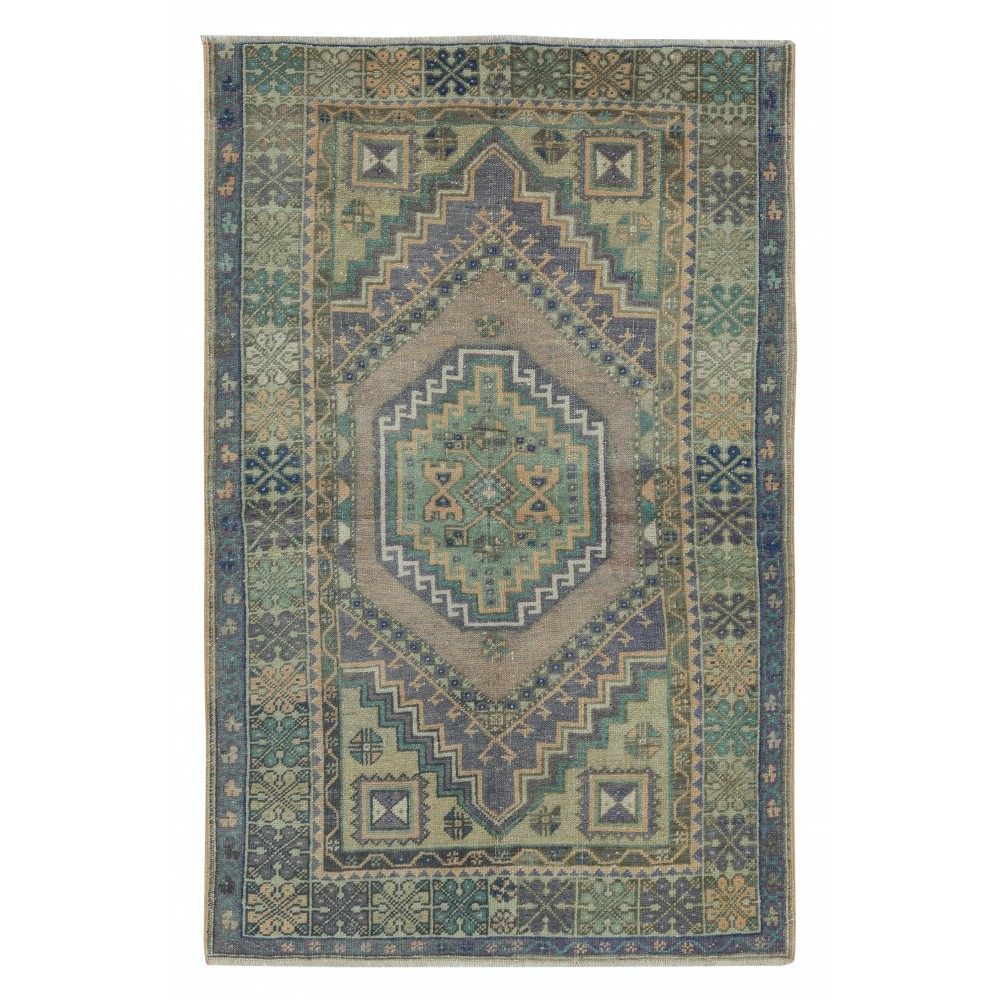 Traditional Vintage Handmade Turkish Village Rug with Geometric Medallion Design, 100% Wool