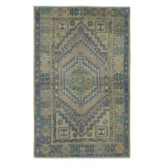 Traditional Vintage Handmade Turkish Village Rug with Geometric Medallion Design, 100% Wool