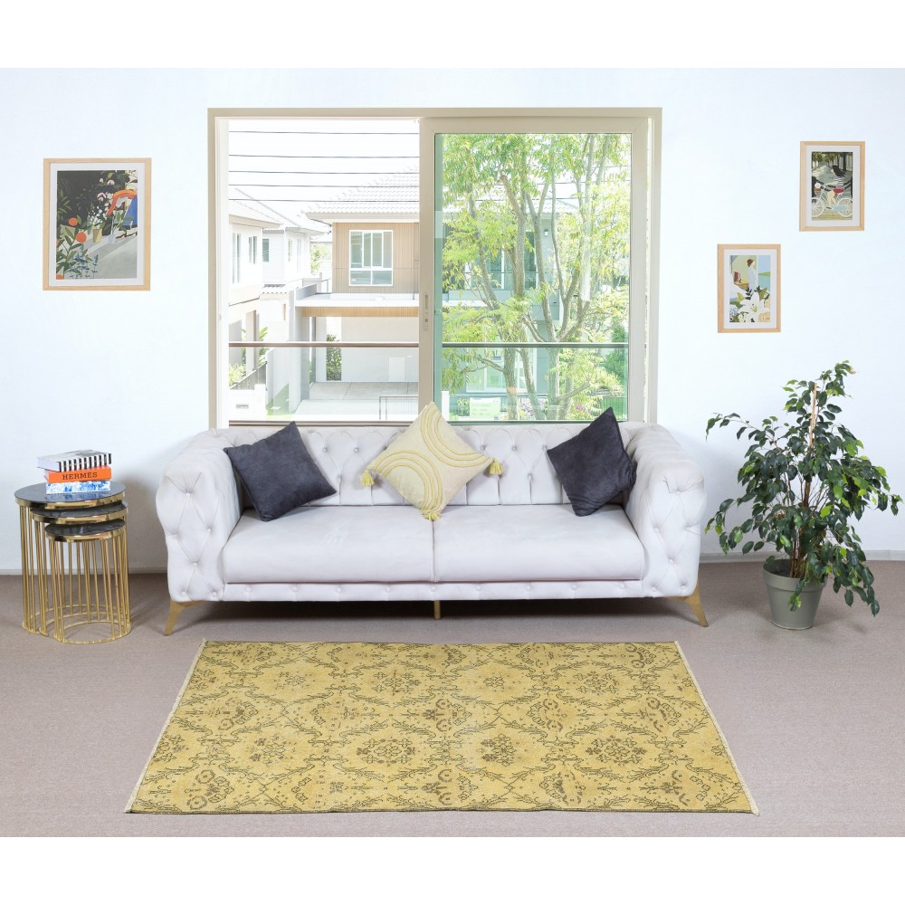 Vintage Floral Patterned Turkish Area Rug redyed in Yellow Color for modern interiors