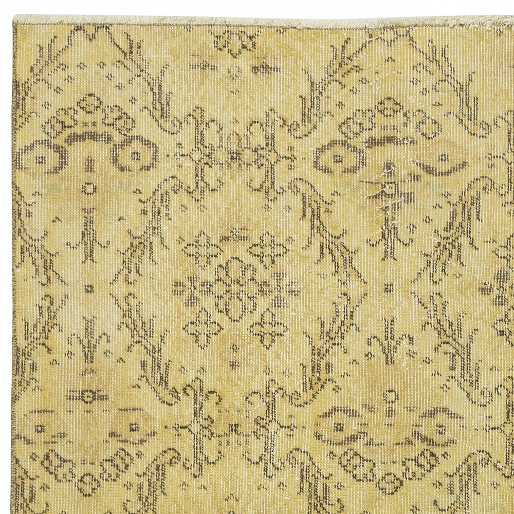 Vintage Floral Patterned Turkish Area Rug redyed in Yellow Color for modern interiors