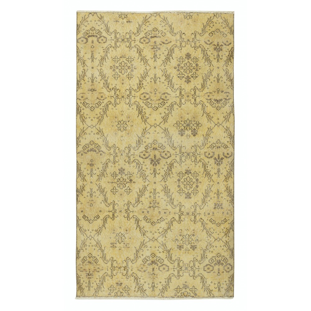 Vintage Floral Patterned Turkish Area Rug redyed in Yellow Color for modern interiors