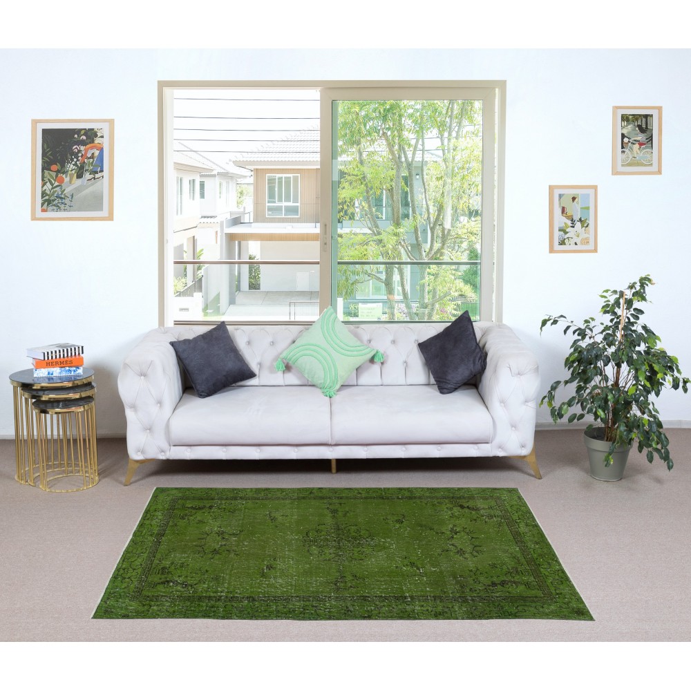 Art Deco Chinese Inspired Handmade Turkish Accent Rug Over-Dyed in Green