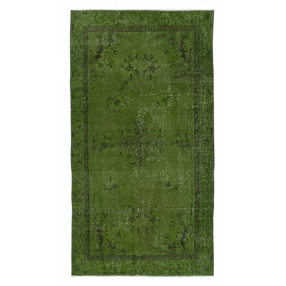 Art Deco Chinese Inspired Handmade Turkish Accent Rug Over-Dyed in Green