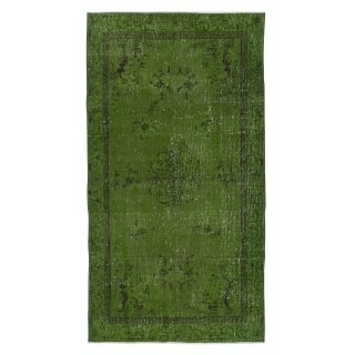 Art Deco Chinese Inspired Handmade Turkish Accent Rug Over-Dyed in Green