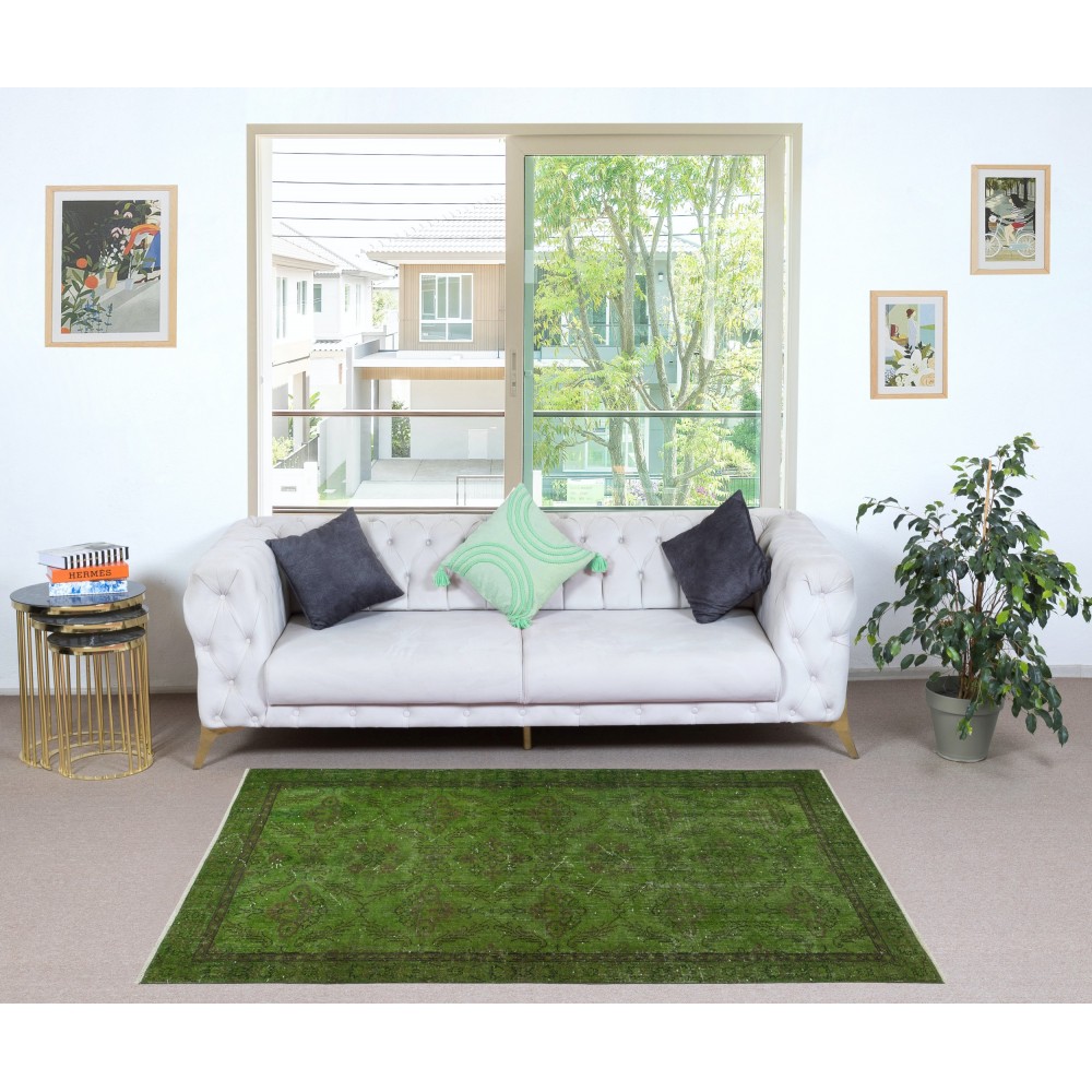 Modern Hand Knotted Turkish Accent Rug in Green Color