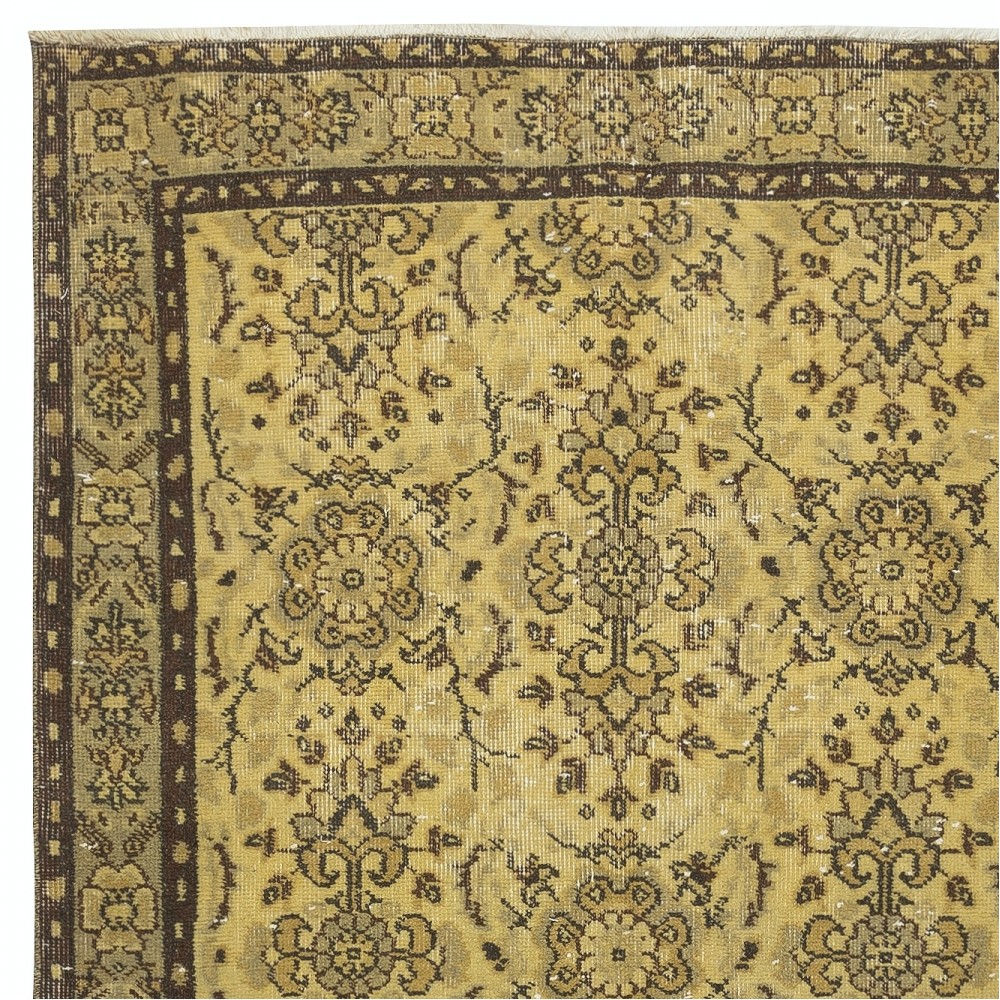 Handmade Turkish Rug in Yellow Color, Modern Floral Patterned Floor Covering