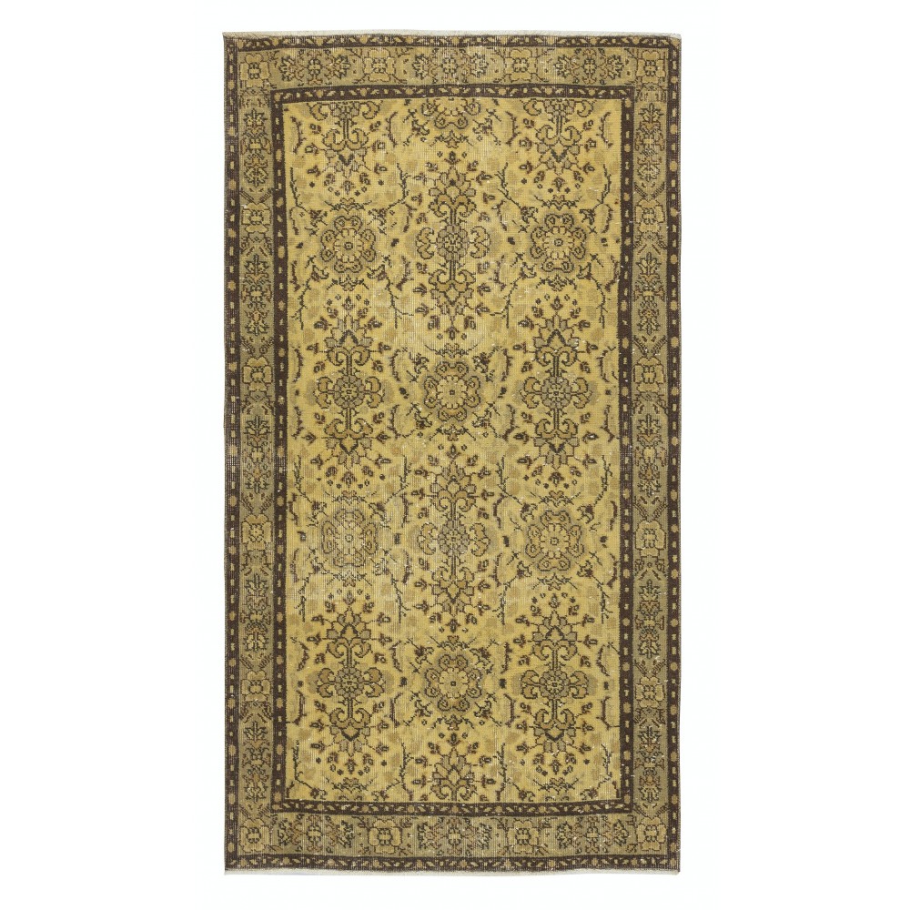 Handmade Turkish Rug in Yellow Color, Modern Floral Patterned Floor Covering
