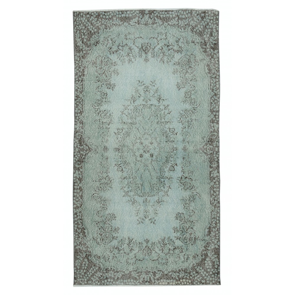 Modern Handmade Turkish Accent Rug Re-Dyed in Light Blue. Woolen Floor Covering