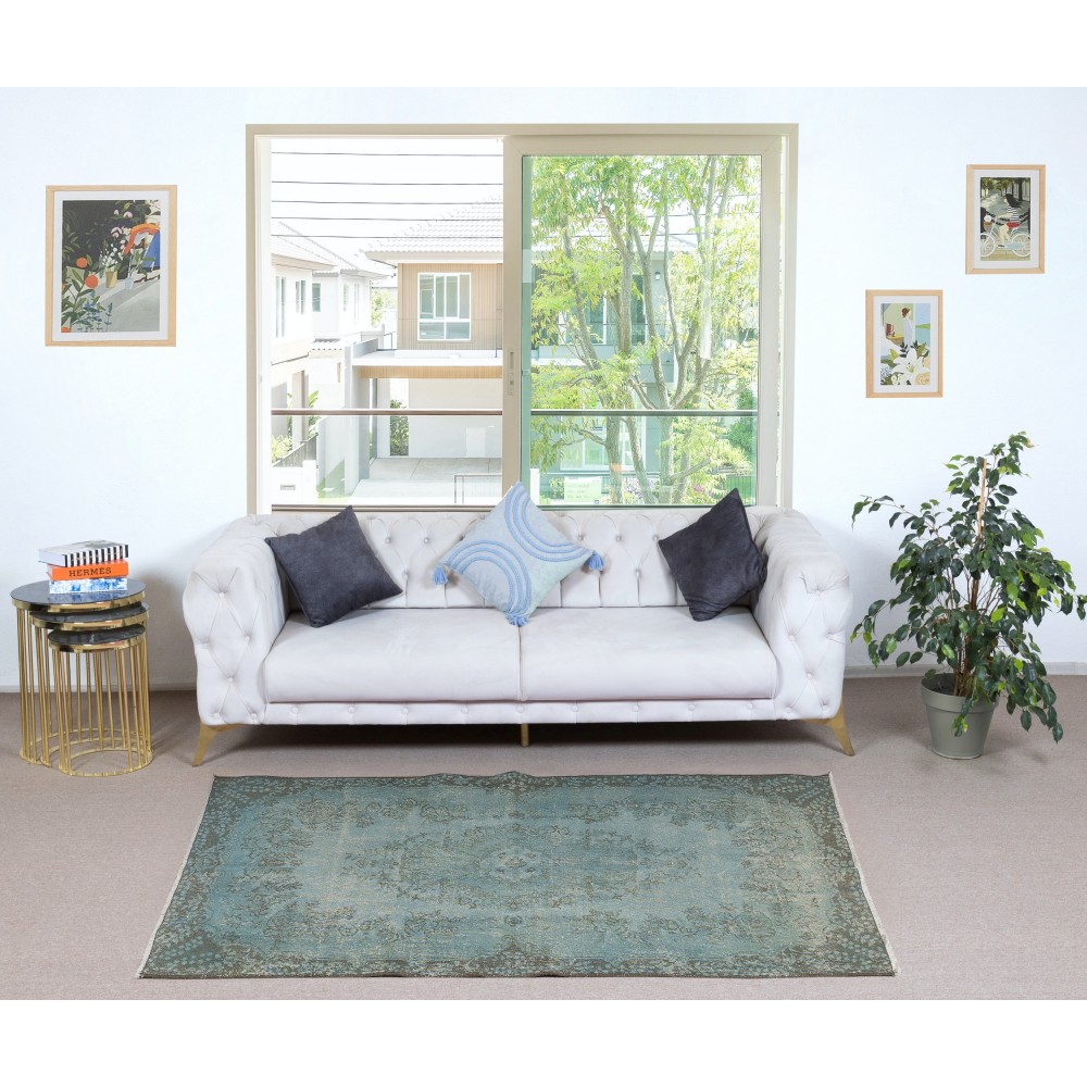 Modern Handmade Turkish Accent Rug for Entryway. Light Blue Color Kitchen Rug