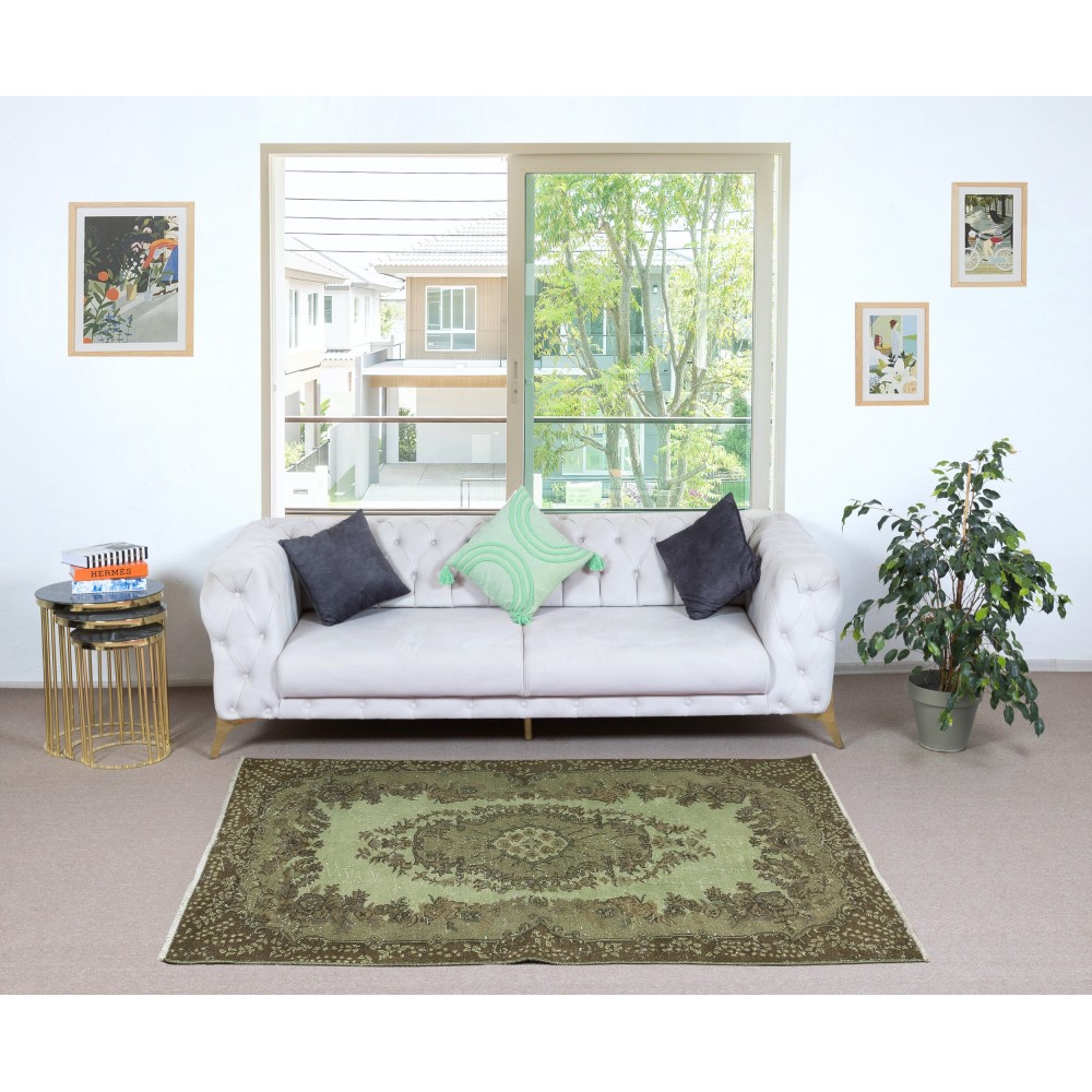 Hand-Made Medallion Design Small Rug from Turkey. Green Color Re-Dyed Accent Rug