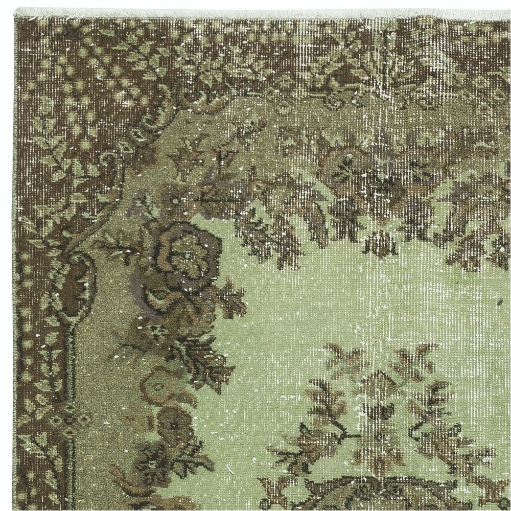 Hand-Made Medallion Design Small Rug from Turkey. Green Color Re-Dyed Accent Rug