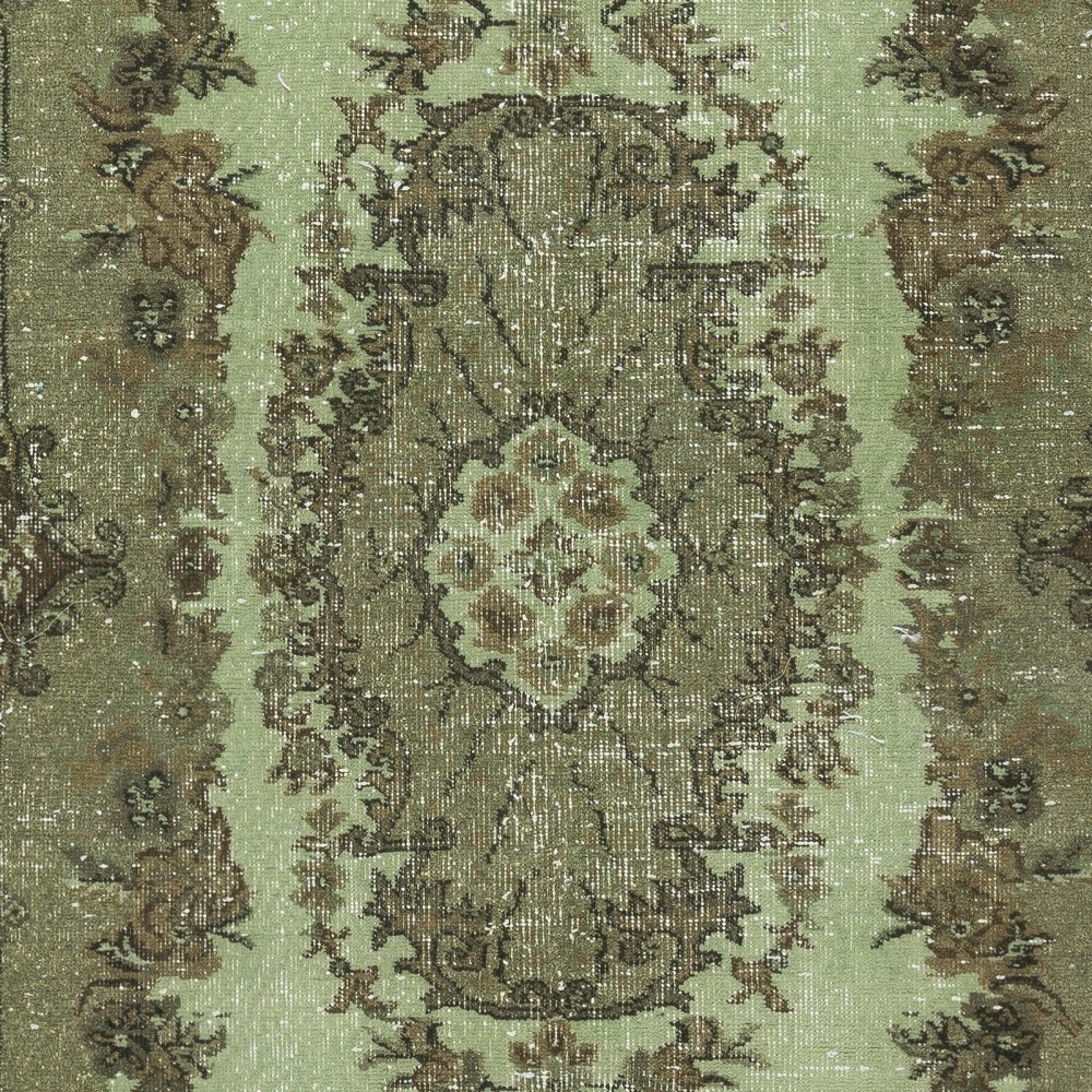 Hand-Made Medallion Design Small Rug from Turkey. Green Color Re-Dyed Accent Rug