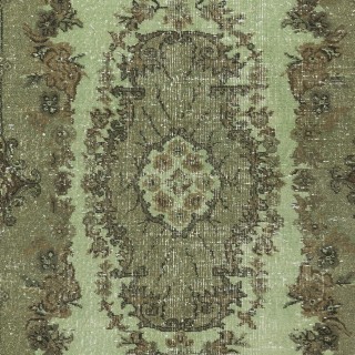 Hand-Made Medallion Design Small Rug from Turkey. Green Color Re-Dyed Accent Rug