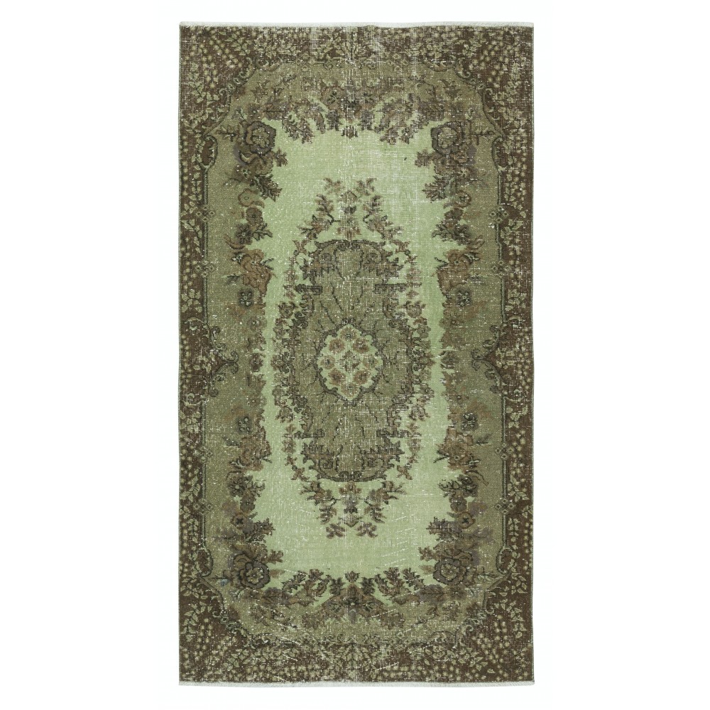 Hand-Made Medallion Design Small Rug from Turkey. Green Color Re-Dyed Accent Rug