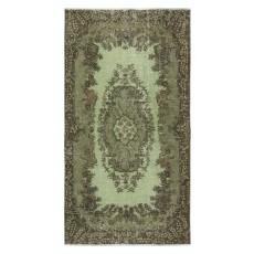 Hand-Made Medallion Design Small Rug from Turkey. Green Color Re-Dyed Accent Rug