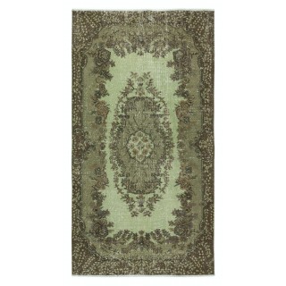 Hand-Made Medallion Design Small Rug from Turkey. Green Color Re-Dyed Accent Rug