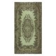 Hand-Made Medallion Design Small Rug from Turkey. Green Color Re-Dyed Accent Rug