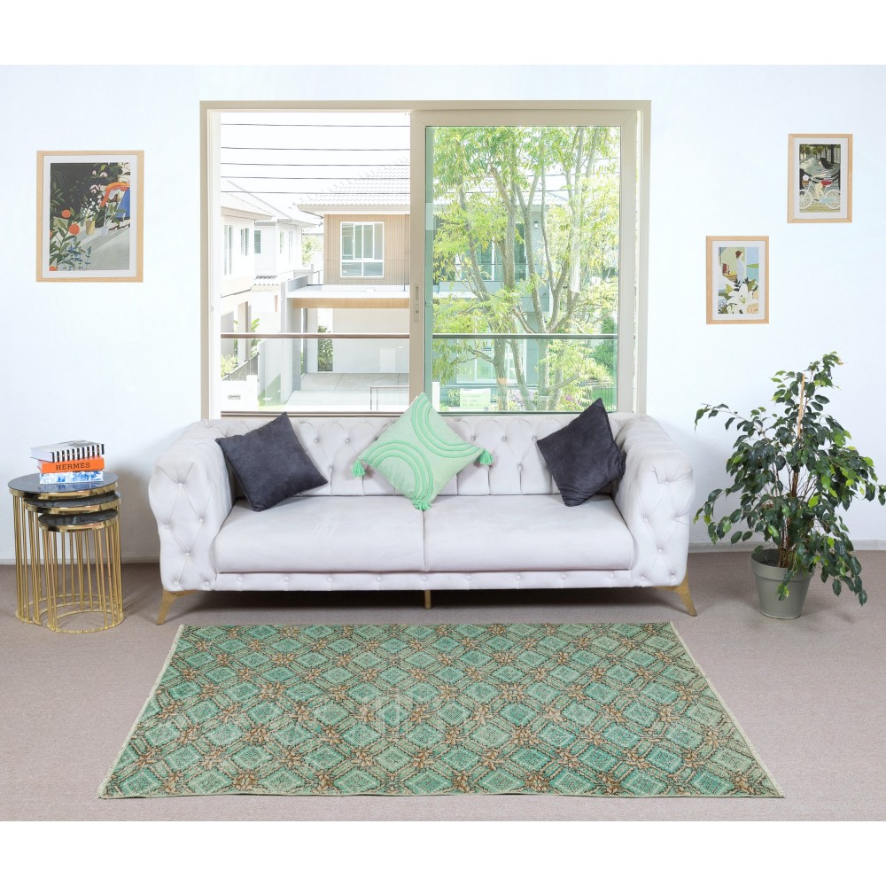 Vintage Handmade Turkish Accent Rug in Green Color for modern interiors