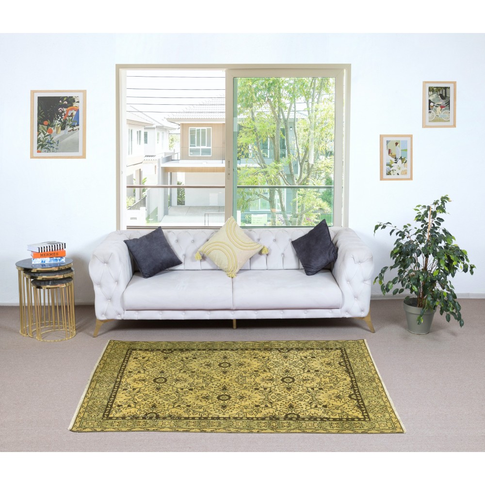 Handmade Turkish Rug in Yellow Color, Modern Floral Patterned Floor Covering