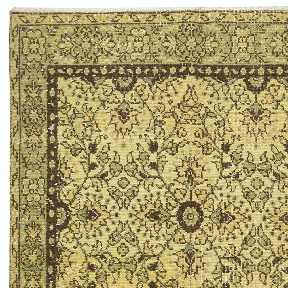 Handmade Turkish Rug in Yellow Color, Modern Floral Patterned Floor Covering