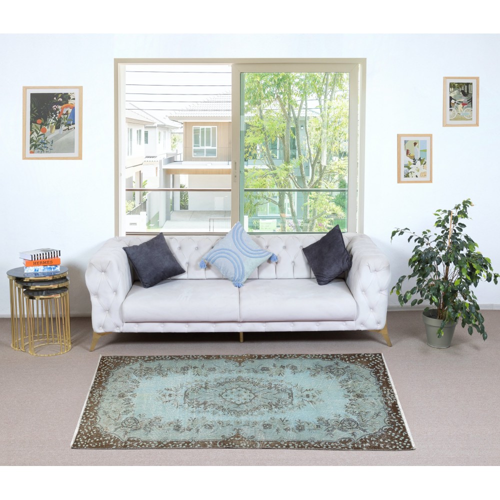 Light Blue Color Over-Dyed Small Rug. Handmade Turkish Accent Rug with Medallion Design