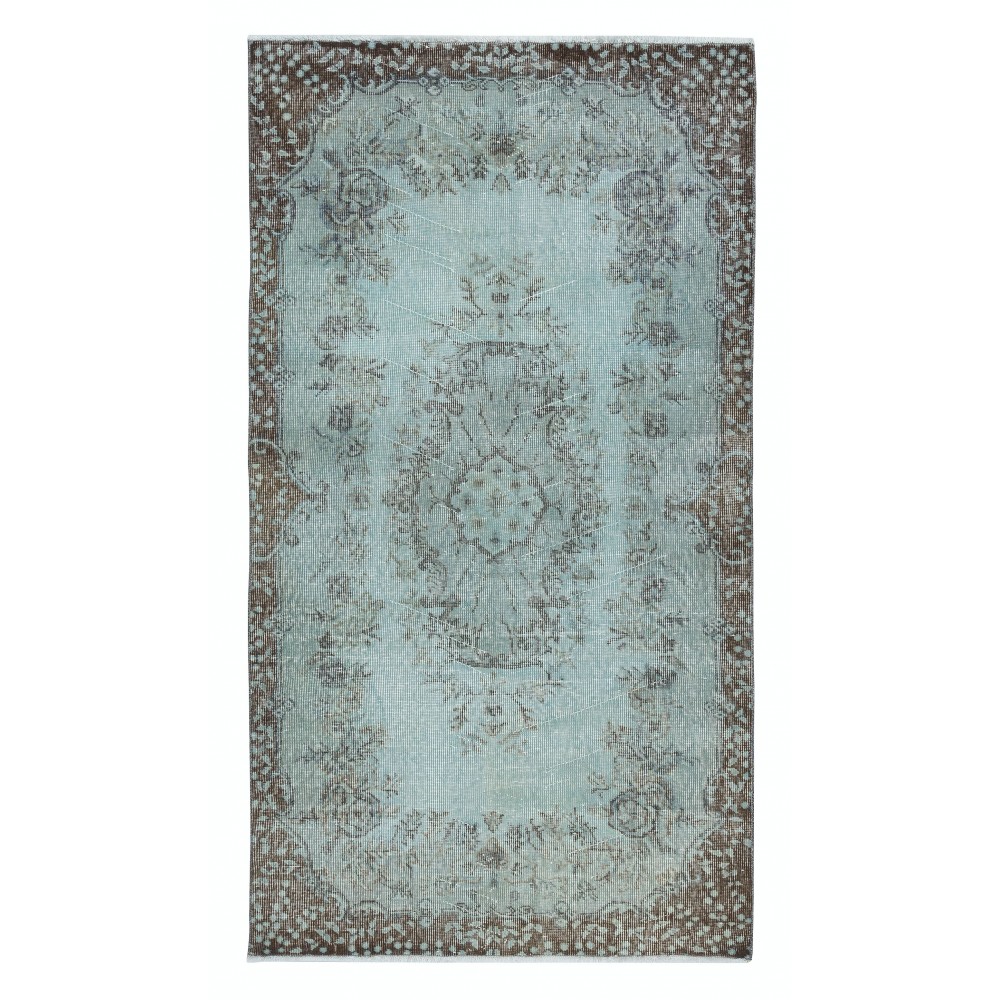 Light Blue Color Over-Dyed Small Rug. Handmade Turkish Accent Rug with Medallion Design