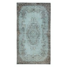 Light Blue Color Over-Dyed Small Rug. Handmade Turkish Accent Rug with Medallion Design