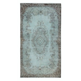 Light Blue Color Over-Dyed Small Rug. Handmade Turkish Accent Rug with Medallion Design