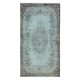 Light Blue Color Over-Dyed Small Rug. Handmade Turkish Accent Rug with Medallion Design