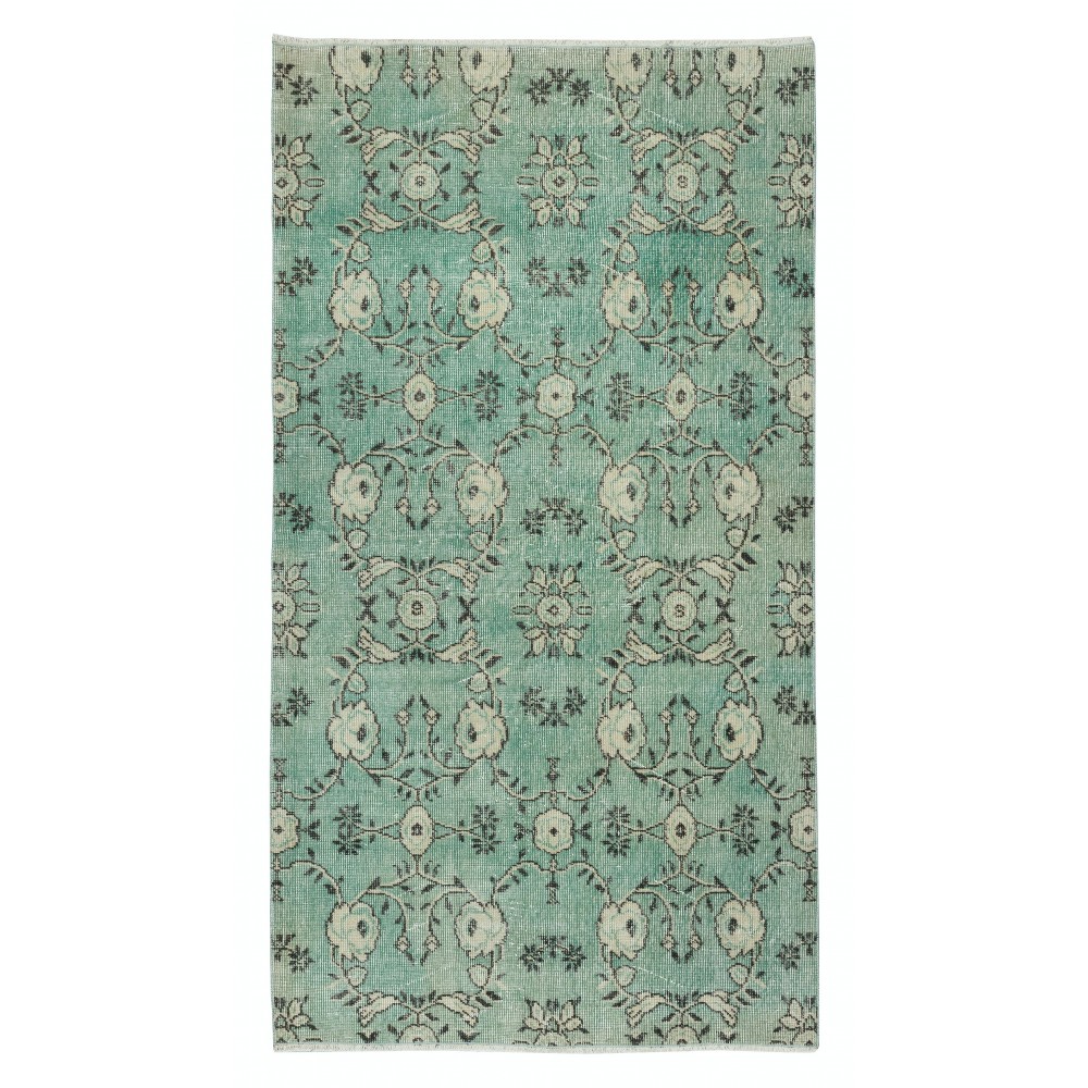Green Color Handmade Turkish Accent Rug with Flower Design. Woolen Floor Covering